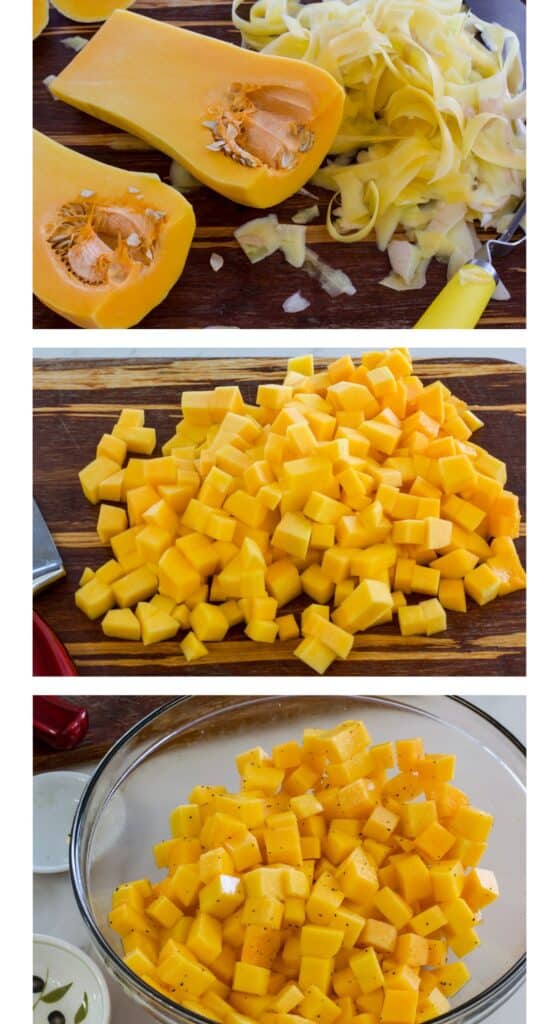 A collage of 3 images, the cut open butternut squash on the top, the butternut squash cubes in the middle and the cubes in a bowl tossed with salt and pepper on the bottom.