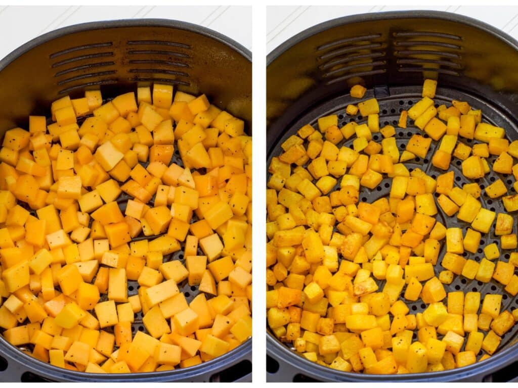 Side by side images of the butternut squash cubes in the air fryer basket, uncooked on the left and cooked on the right.