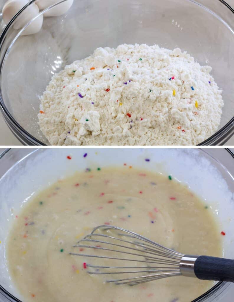 The dry cake mix in a bowl on the top and it mixed with the water, oil and eggs on the bottom.