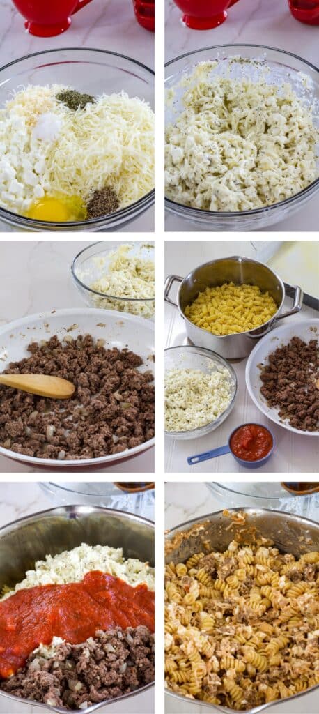 A collage of 6 images showing the steps to make the Quick and Easy Homemade Lasagna Casserole Recipe.
