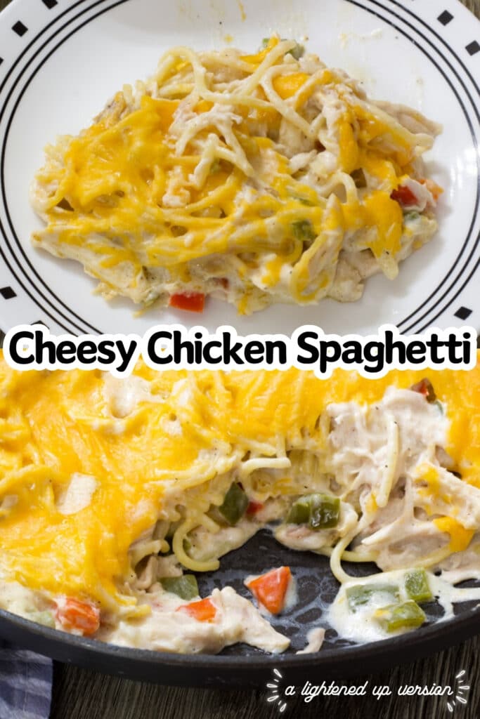 One serving of Cheesy Chicken Spaghetti Casserole on a plate on the top, the pan with one serving missing and the recipe title in text in the middle.
