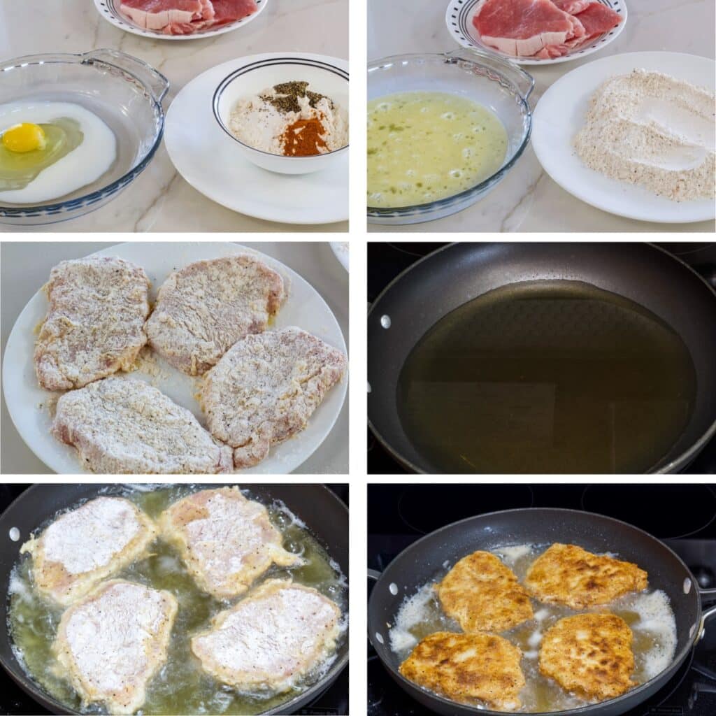 A collage of six images showing the beading ingredients and the pork chops being pan fried.