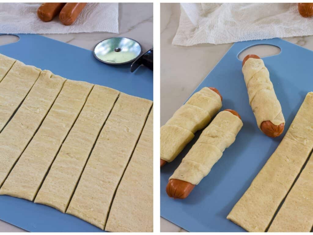 The cut crescent sheet on the left and three hot dogs wrapped up on the right.