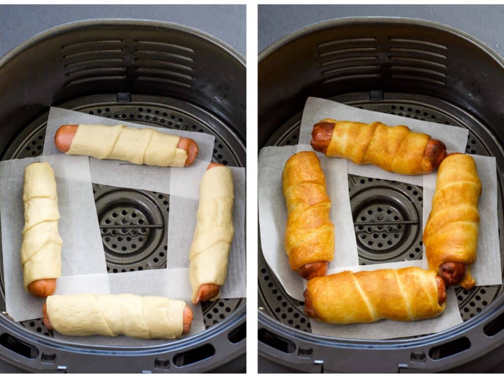 Four uncooked hot dogs in the air fryer basket, uncooked on the left and cooked on the right.