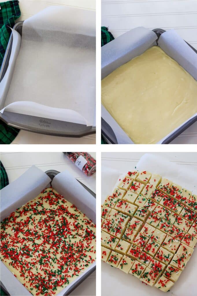 A collage of 4 images of the pan with paper, with the plain fudge, the fudge with sprinkles and the cut fudge.