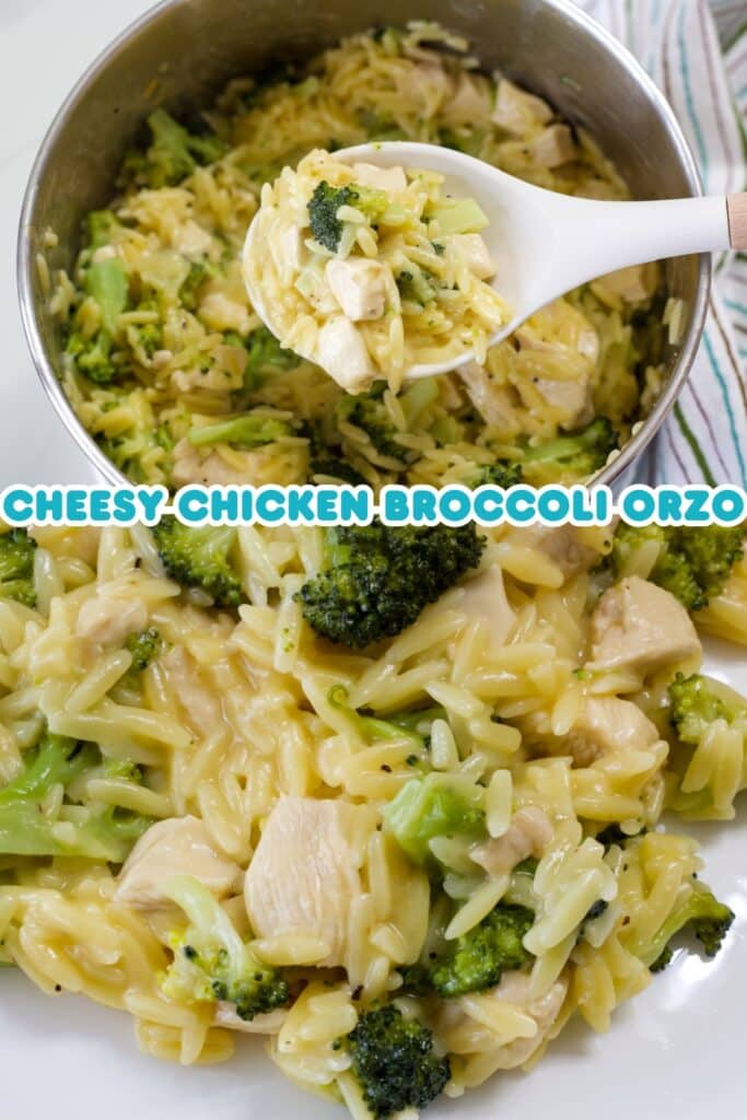 A spoon full of orzo on the top, half a plate full of the finished dish is visible on the bottom and the recipe title is in text in the middle.