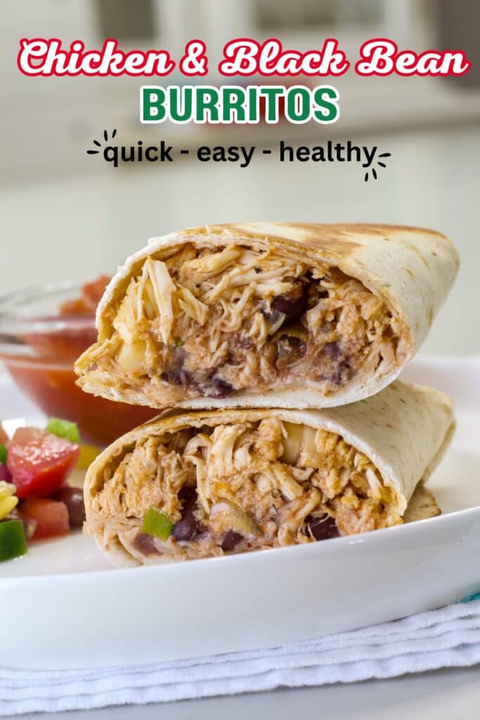 Close up of the burrito split in half so the inside is visible, the recipe title is at the top in text.