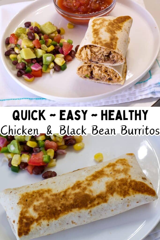 The split open burrito on the top, the whole burrito on the bottom and the recipe title in text in the middle.