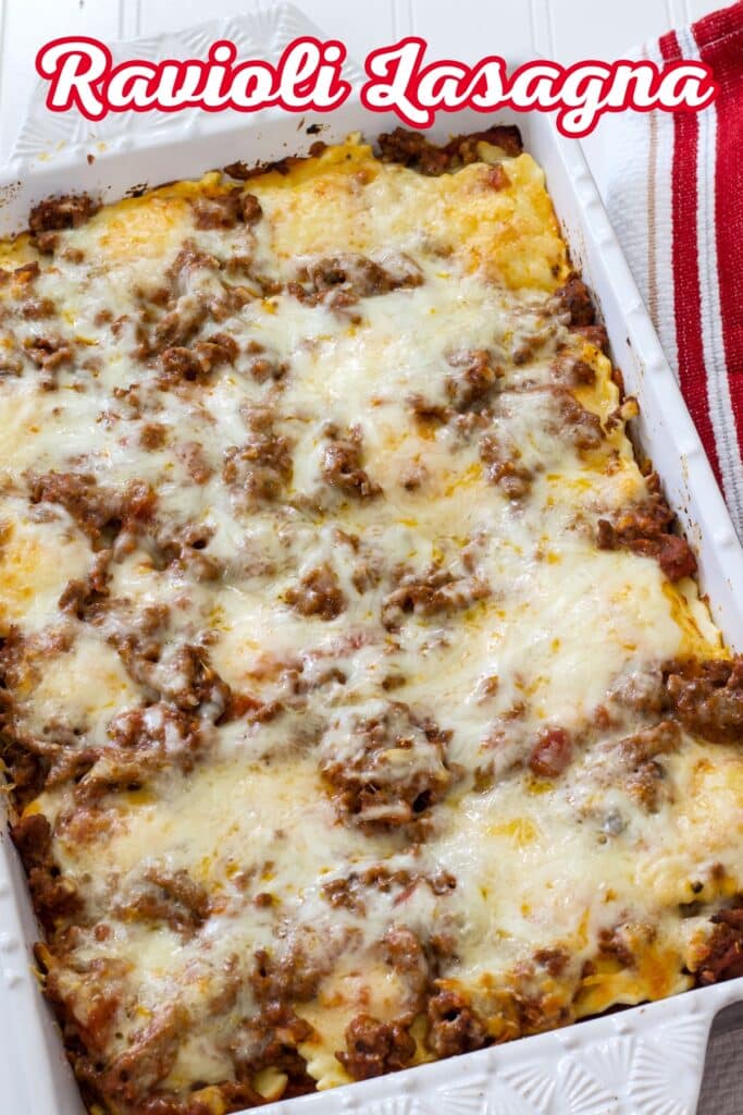 The baked Easy Lazy Baked Ravioli Lasagna Casserole, the recipe title is at the top in text.