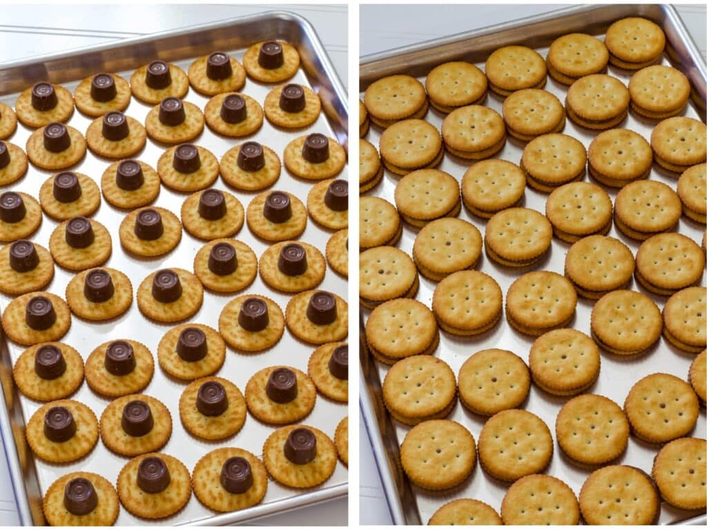 A bunch of crackers with a rolo on top of them on a sheet pan before they have been put in the oven on the left and after they came out of the oven with the second cracker on them.
