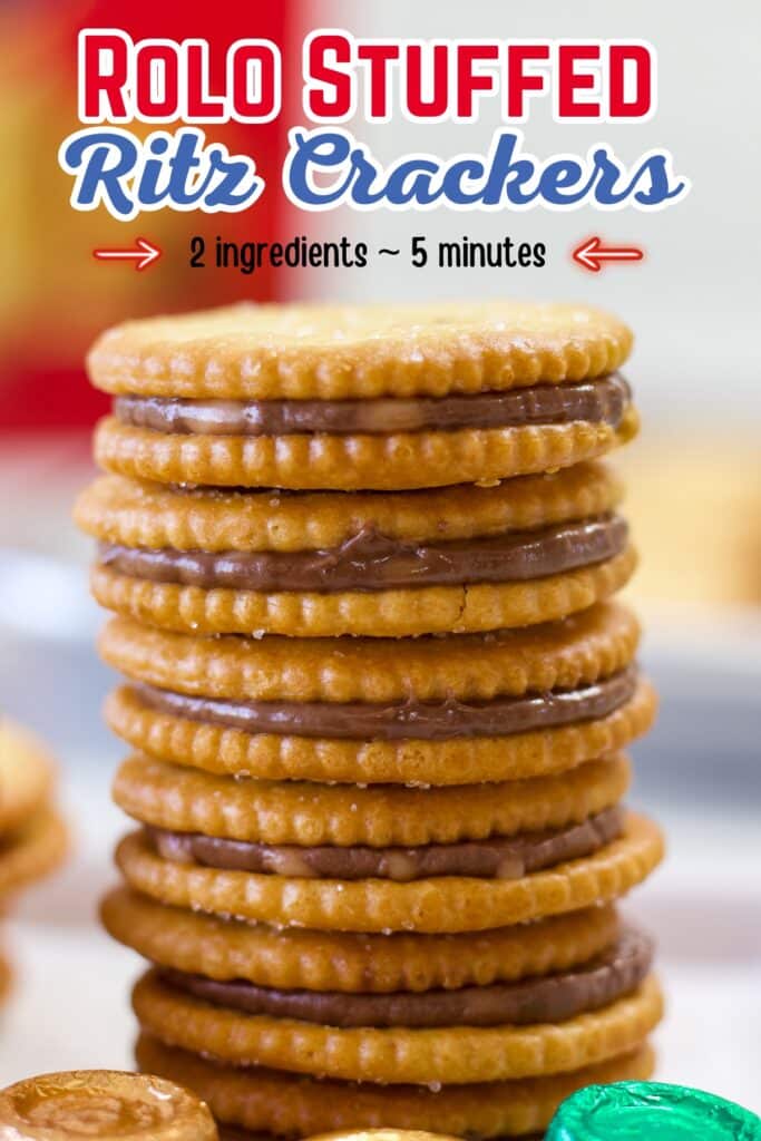 A stack of Easy Rolo Stuffed Ritz Crackers Treats and the recipe title in text at the top.