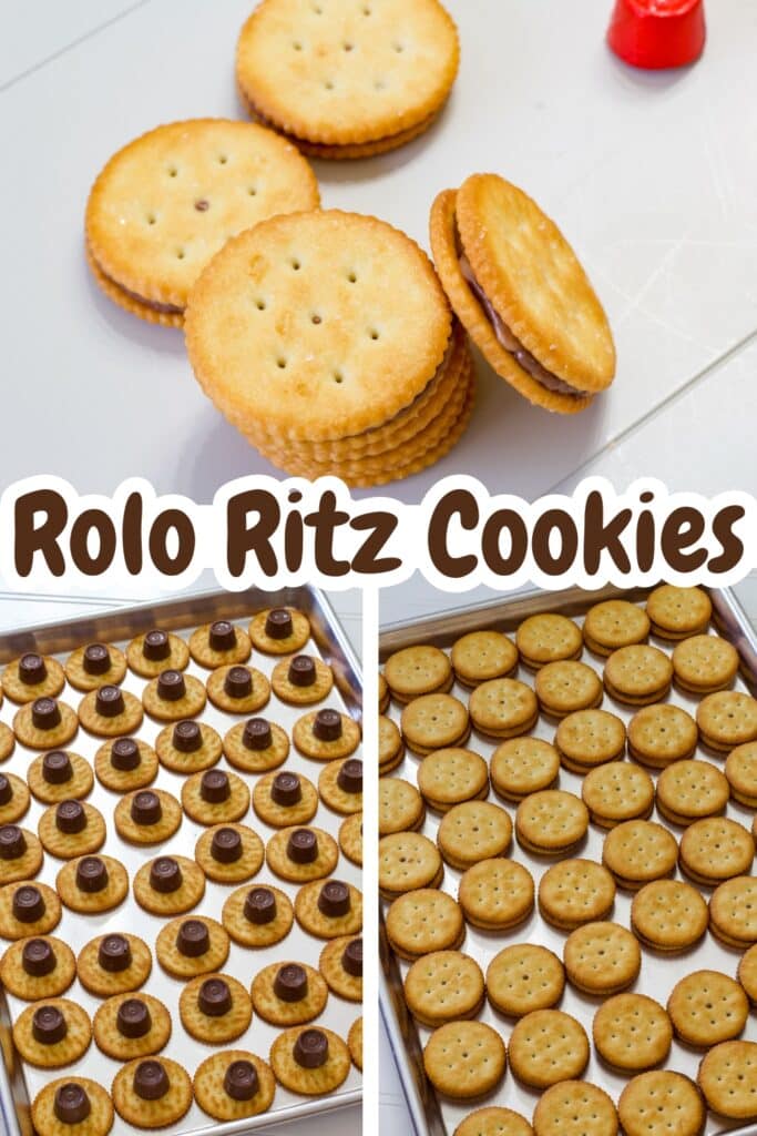 A small stack on cracker treats on the top and the pans on the bottom, without the top cracker on the left and with it on the bottom. The recipe title is in text in the middle.