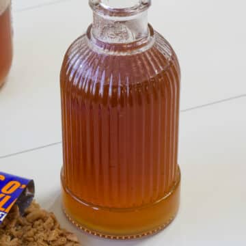 A small pretty bottle of toffee nut syrup and the bag of toffee bits.