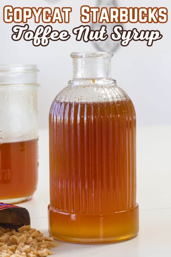 Close up of the pretty bottle of flavored syrup, the post title is at the top in text.