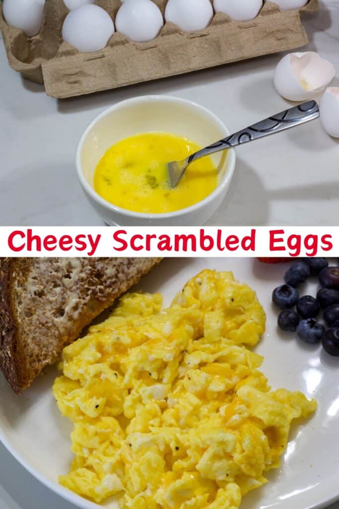 The ingredients needed to make The Best Fluffy Scrambled Eggs with Cheese Recipe on the top and the cooked eggs on the bottom, the post title is in text in the middle.