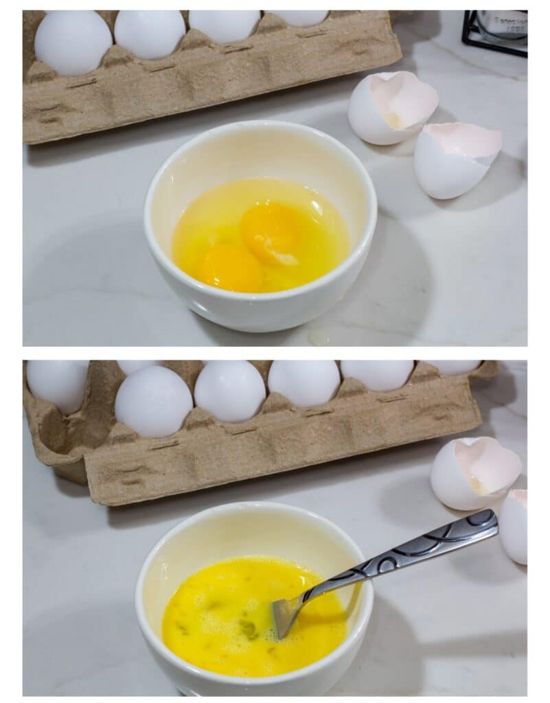 Eggs in a bowl, not beaten on the top and beaten on the bottom.