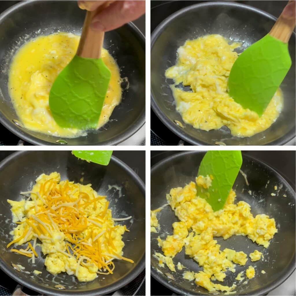 A collage of four images showing the different stages of cooking the scrambled eggs in a nonstick skillet.