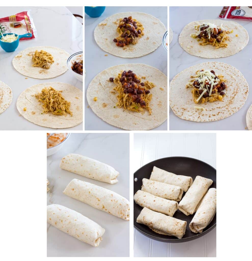 A collage of 5 images showing the different stages of making the burrito.