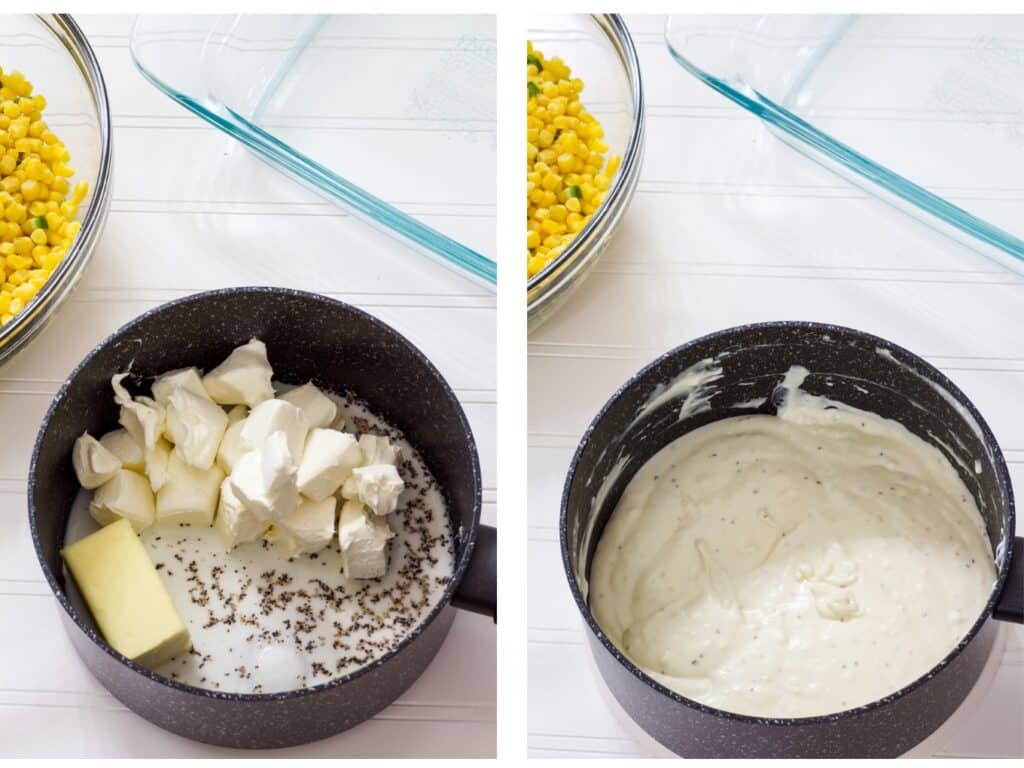 The saucepan with butter, cream cheese, milk, salt and pepper, before being mixed and cooked on the left and after on the right.