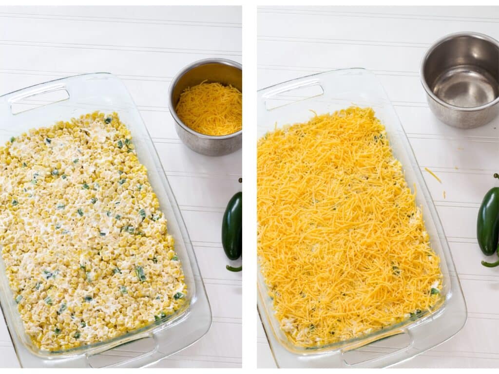 The corn casserole in the baking dish, without cheese on top on the left and topped with cheese on the right.