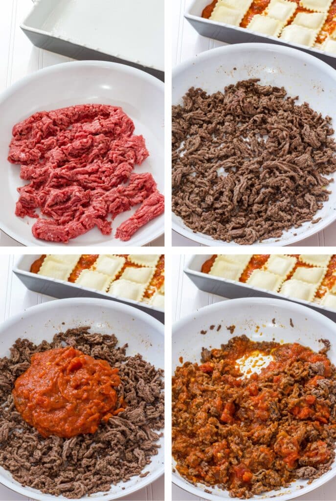 A collage of four images showing the raw meat, the meat cooked, the sauce on top and the sauce mixed in.