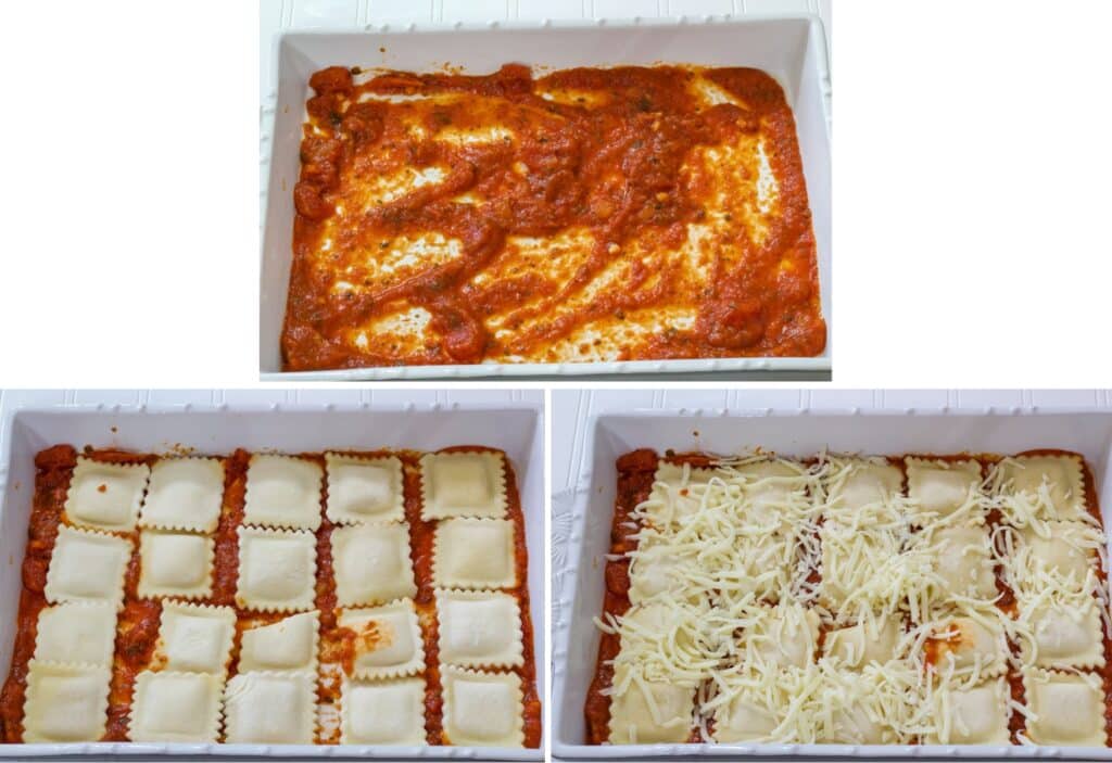 A collage of 3 images showing the casserole dish with a layer of sauce, a layer of ravioli and with the cheese added.