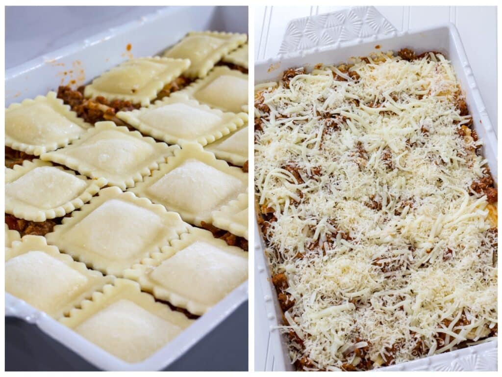 A layer of ravioli in the baking pan on the left and the assembled casserole ready to go into the oven on the right.