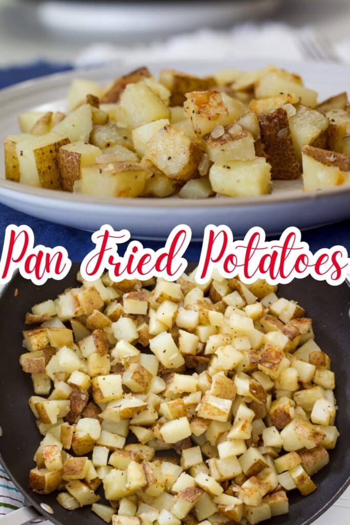 A serving of potatoes on a plate on the top and the entire batch in a skillet on the bottom, the recipe title is in text in the middle.