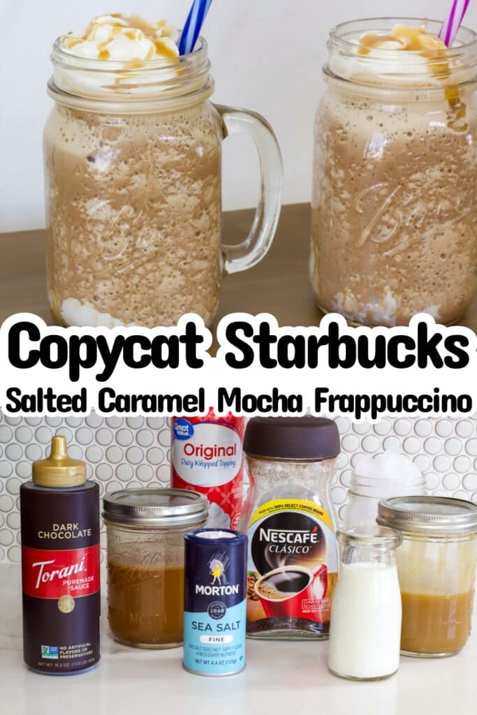 Two mugs of copycat frappuccino on the top and the ingredients needed to make it on the bottom, the recipe title is in text in the middle.