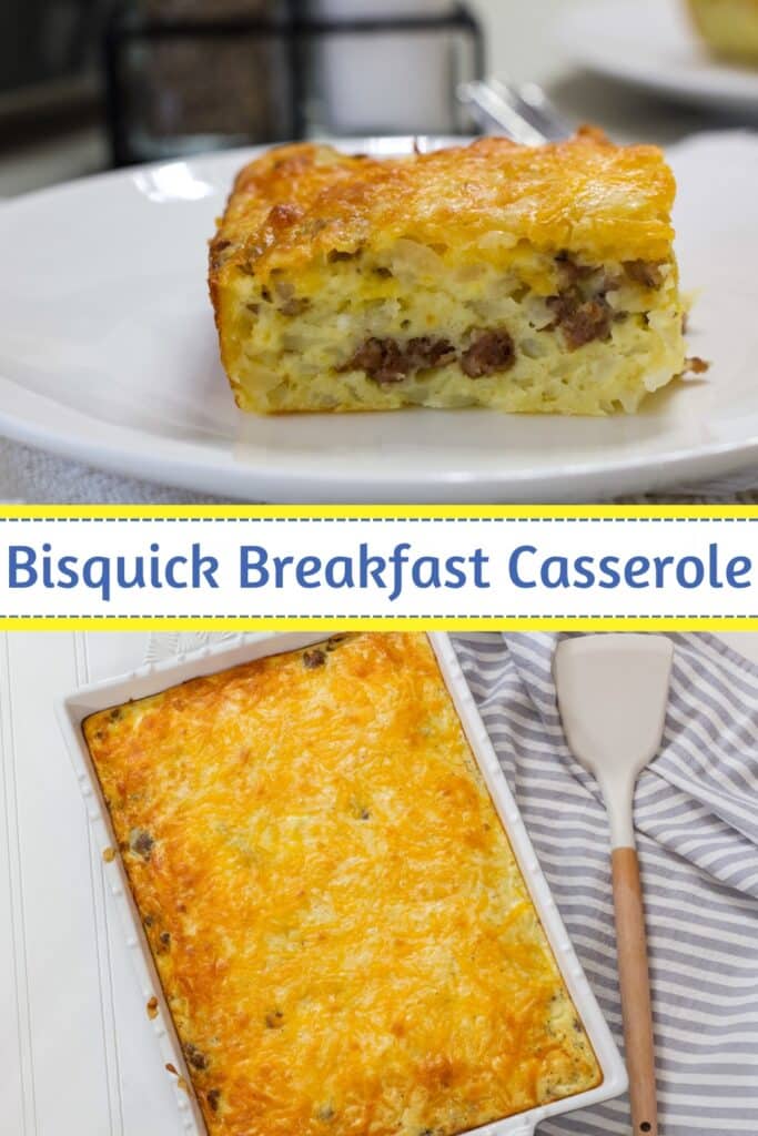 One serving of casserole on the top, the whole casserole on the bottom and the recipe title in text in the middle.