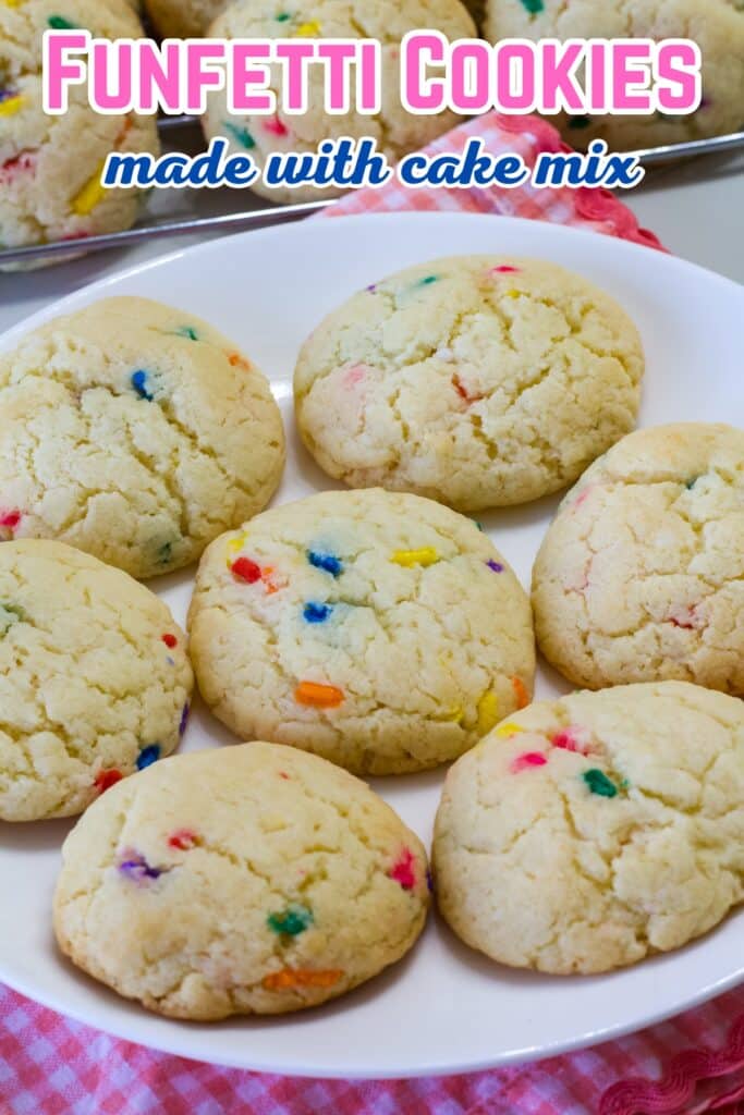 A plate full of Easy Funfetti Cookies Recipe (made with cake mix), the recipe title is in text at the top.
