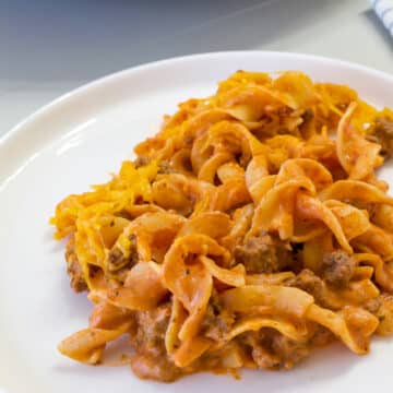 One serving of Easy Old Fashioned Hamburger Casserole on a white plate.