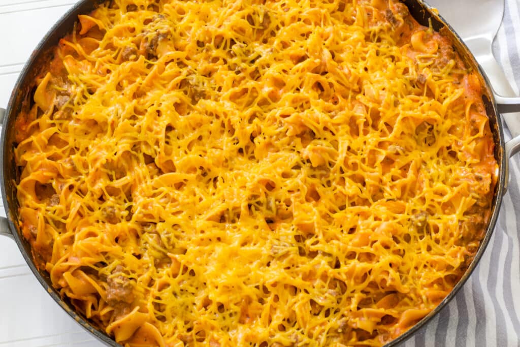 The entire nonstick skillet filled with Easy Old Fashioned Hamburger Casserole.