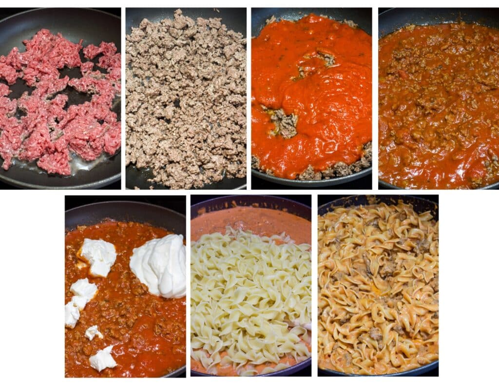 A collage showing seven steps to make the hamburger casserole.