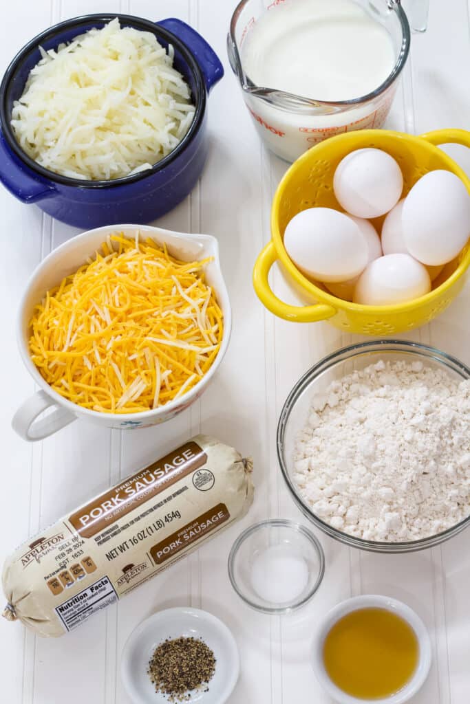 All of the ingredients measured out to make the Easy Bisquick Sausage Breakfast Casserole Recipe