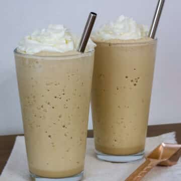 Two glasses of Starbucks Vanilla Frappuccino (copycat coffee recipe).