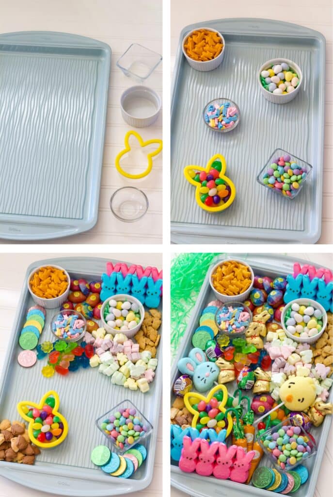 A collage of four images showing the empty tray, the tray with filled bowls, the tray half full and the tray completely full.