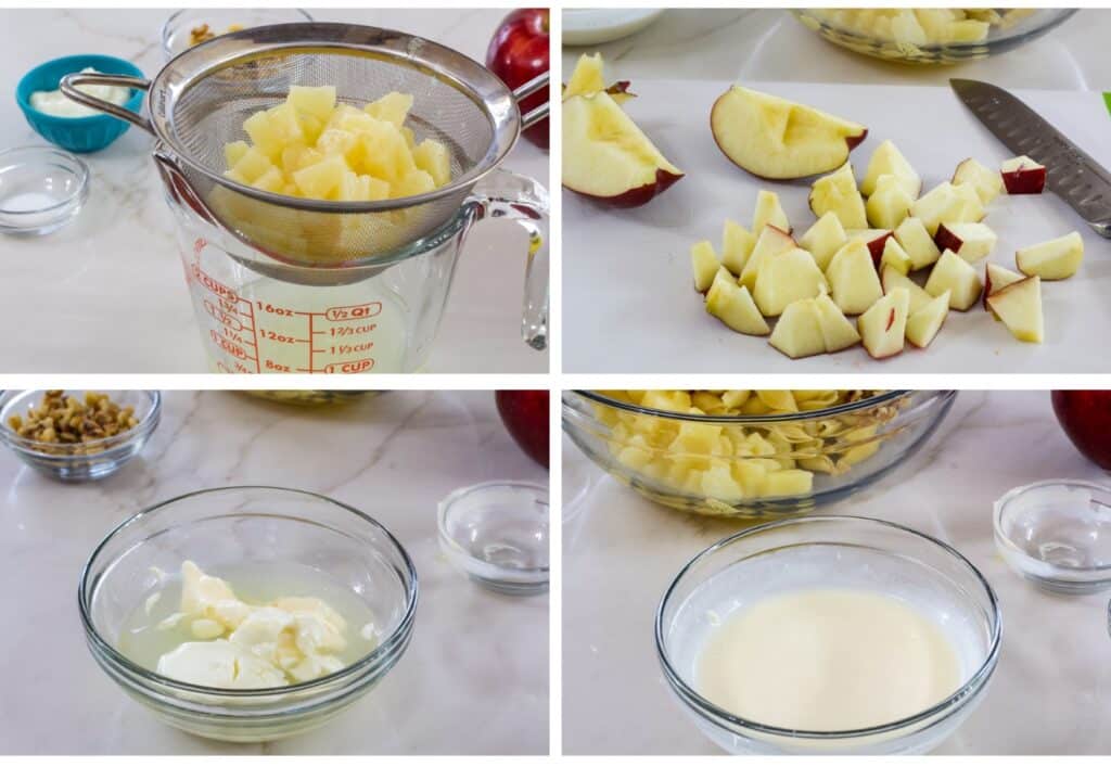 A collage of images showing the pineapple being drained, the apple being chopped and the dressing ingredients before and after being mixed.