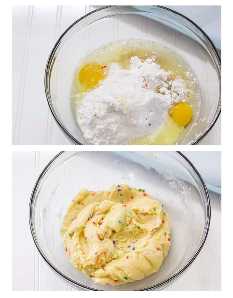 The fry cake mix, eggs, and canola oil in a glass bowl, not mixed on the top and mixed on the bottom.