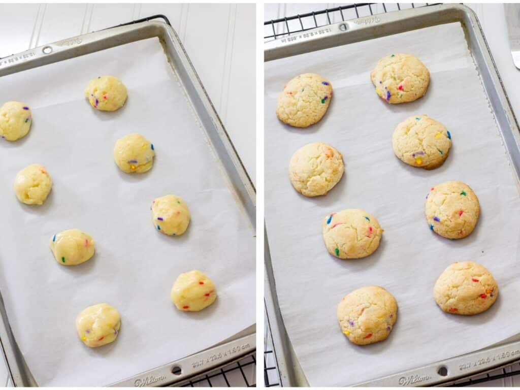 A baking sheet with parchment paper and eight cookies on it, unbaked on the left and baked on the right.