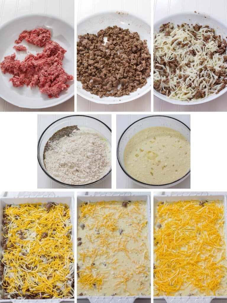 A collage of eight images showing all of the steps to make the Easy Bisquick Sausage Breakfast Casserole Recipe.