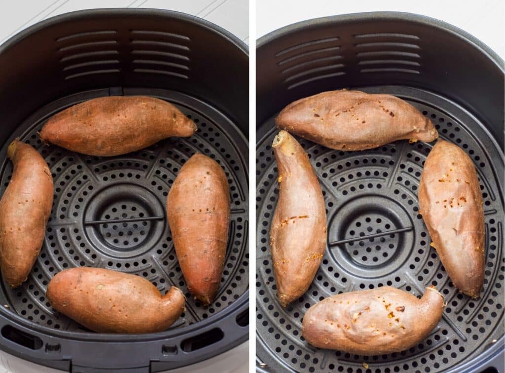 The sweet potatoes in the air fryer basket, uncooked on the left and cooked on the right.