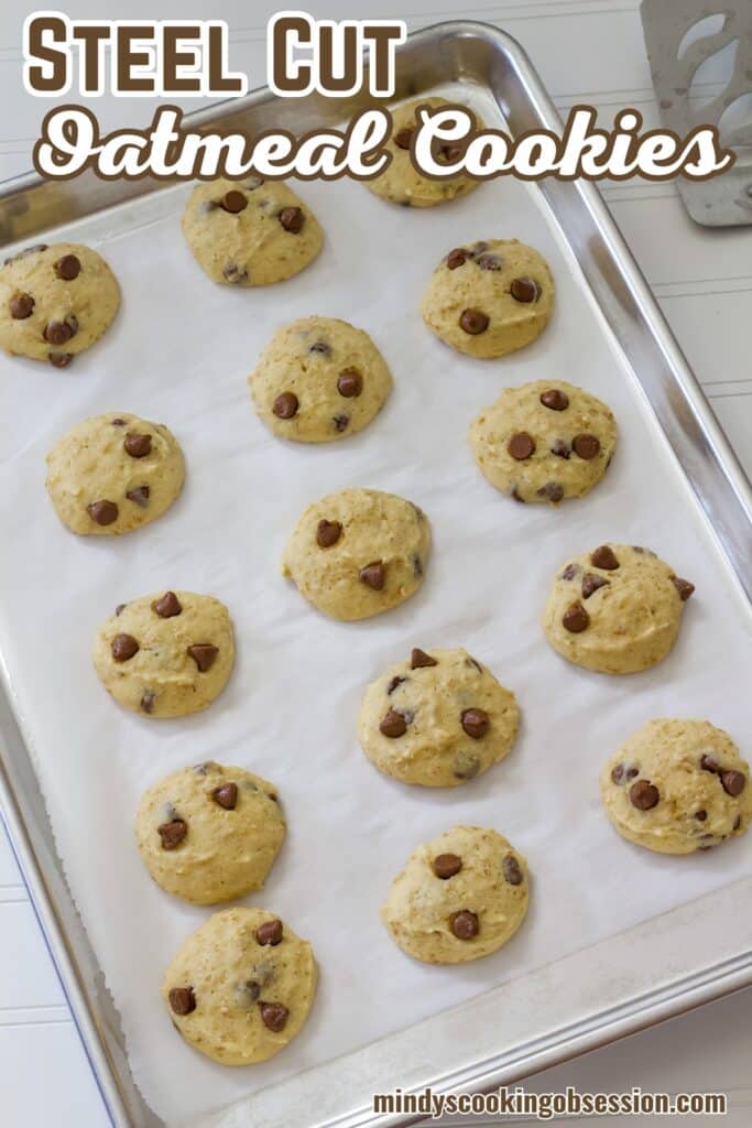 Baked cookies on a sheet pan with the recipe title in text at the top.