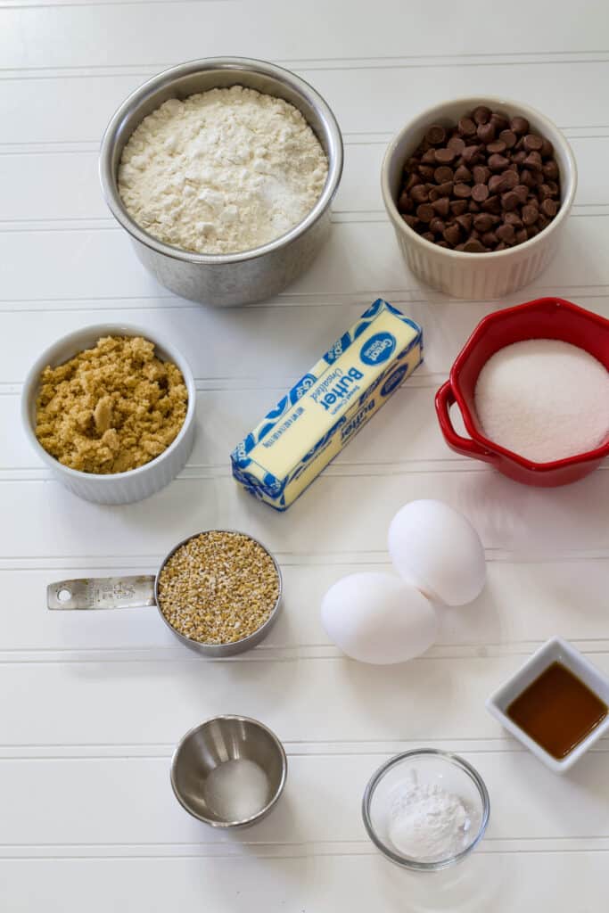 All of the ingredients needed to make the Best Steel-Cut Oats Chocolate Chip Cookies Recipe.