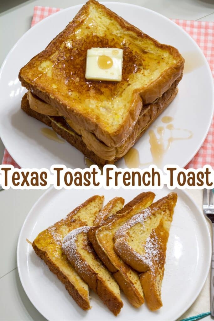 Three slices of french toast on the top, four triangles on the bottom and the recipe title in text in the middle.