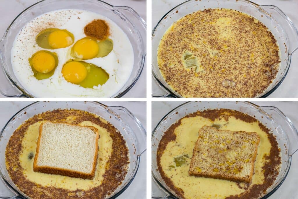 A collage of four images showing the egg mixture in a shallow dish before and after being mixed up and the bread being coated with the egg mixture on one side and then the other.