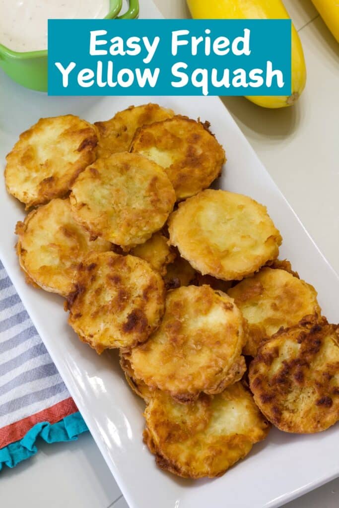 A plate of fried yellow squash and the recipe title is in text at the top.