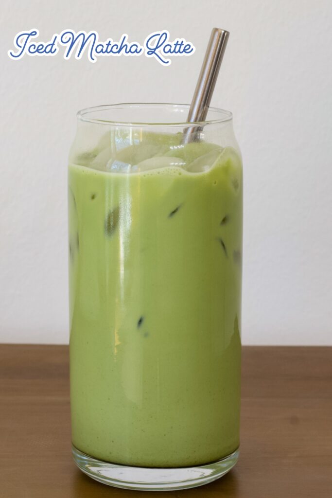 One tall glass of ices matcha tea with the recipe title in text at the top.