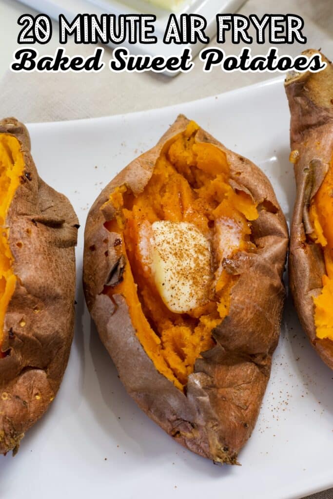 One cooked sweet potato with a pat of butter and cinnamon, the recipe title is in text at the top.