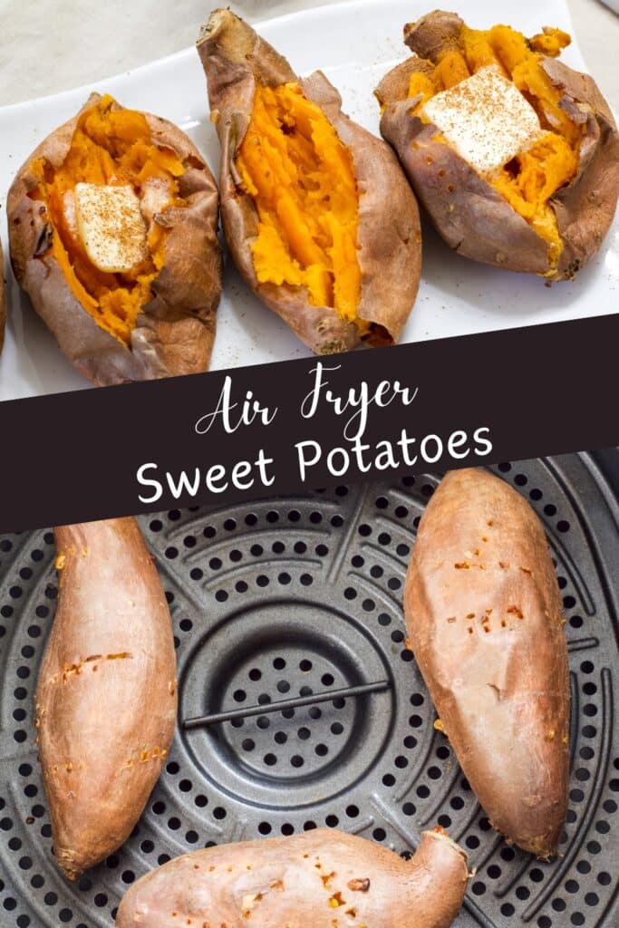 Three sweet potatoes on the top and three on the bottom in the air fryer basket, the recipe title is in text in the middle.